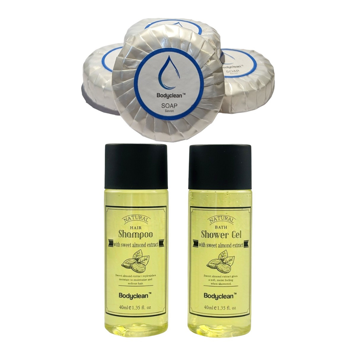 Packung mit 100 Flaschen Bodyclean-Shampoo 30 ml mit Bitterorangenduft