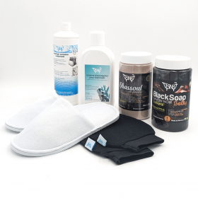 Hammam Essential Pack - 1L Detartant, 1L Eucalyptus Essenz, 1Kg Ghassoul, 1Kg Schwarze Seife, Schuhe x10, Kessa Glove x 10