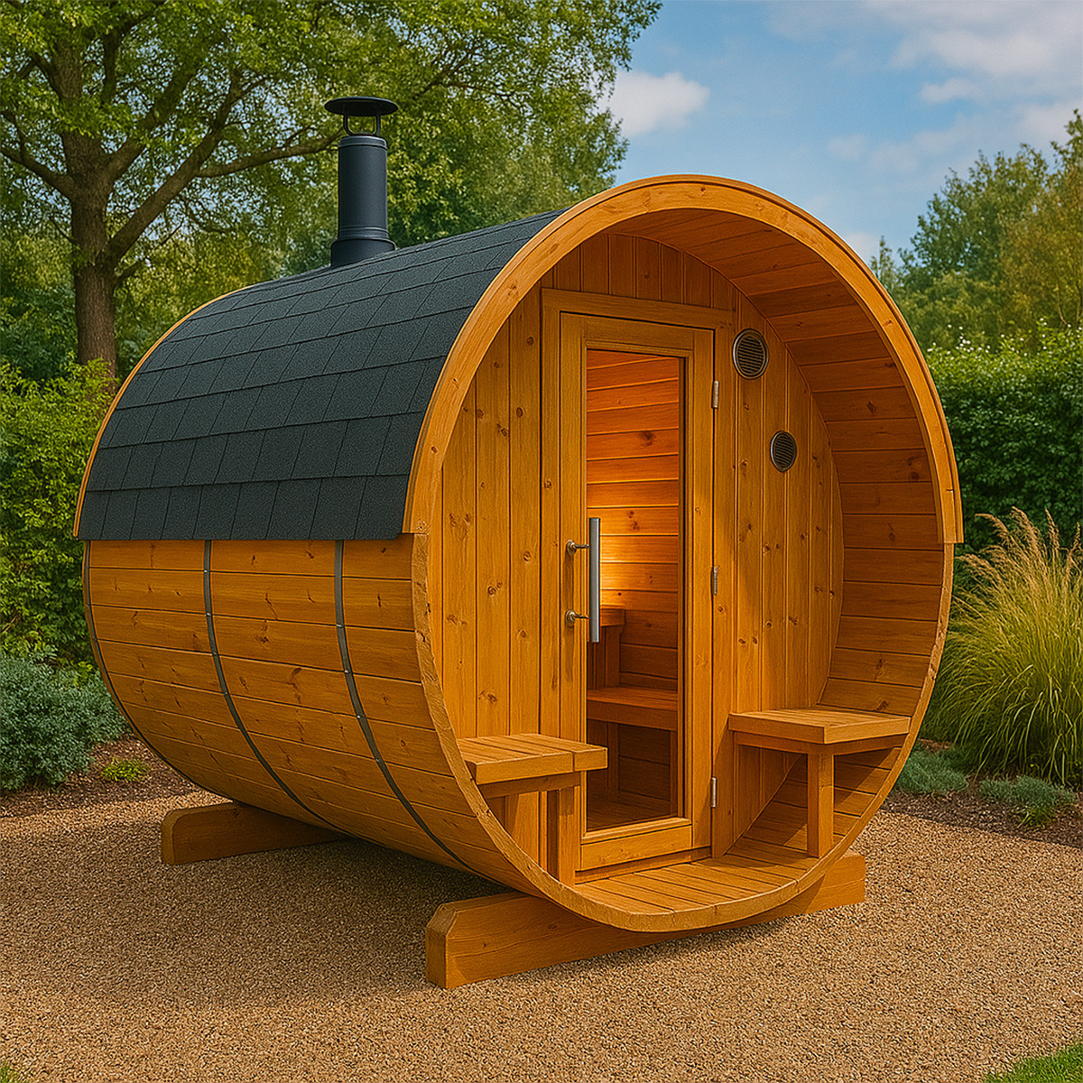 Sauna extérieur Harvia type tonneau avec poêle à bois 220 cm (L) x 220 cm (diamètre)