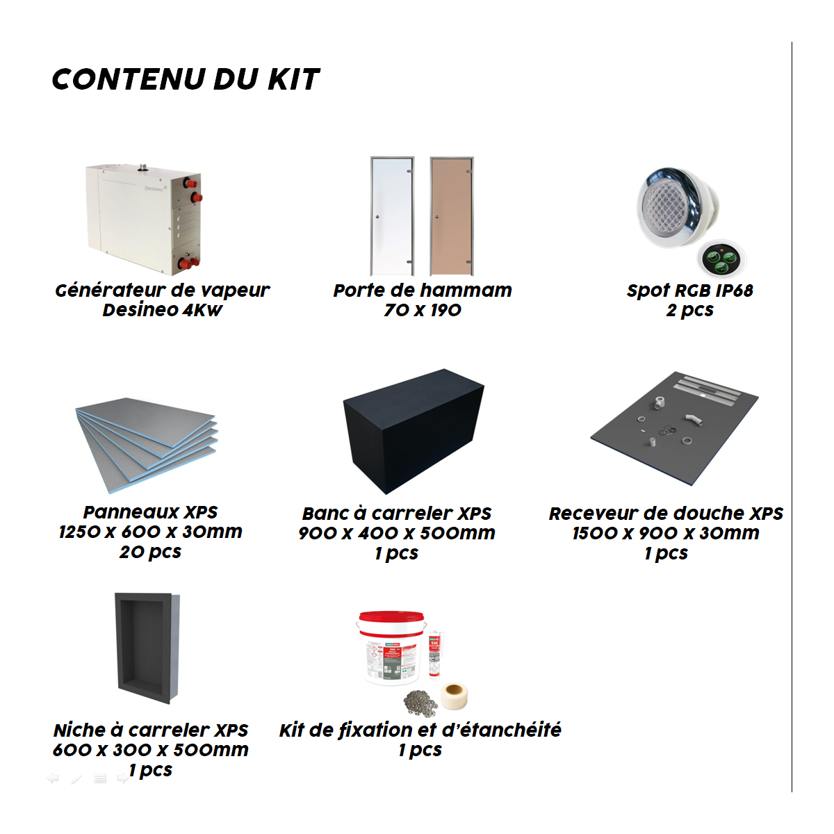 Kit de construcción de cabina de hammam 180 x 180 con generador de vapor