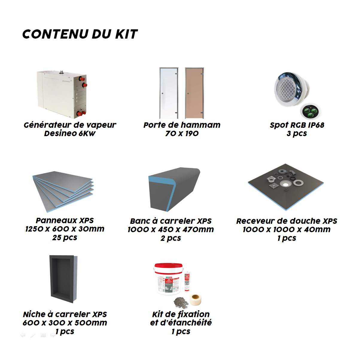 Kit de construcción de cabina de hammam 180 x 100 con generador de vapor
