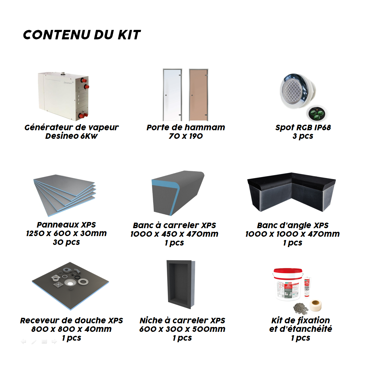 Kit de construcción de cabina de hammam 200 x 120 con generador de vapor