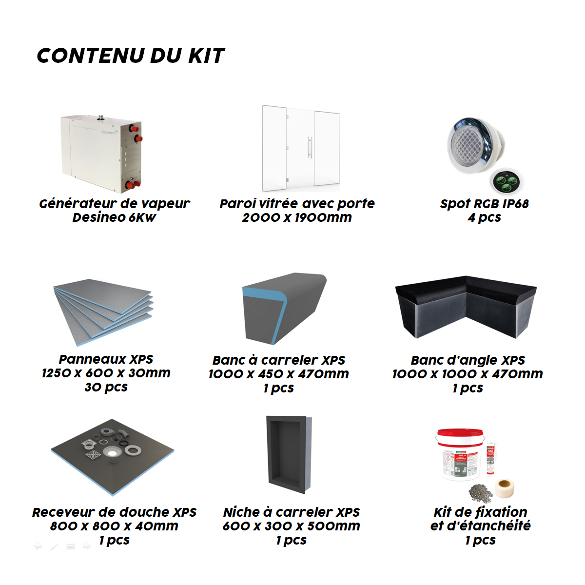 Kit de construcción de cabina de hammam con pared acristalada para alicatar 200x120