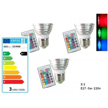 Conjunto de 3 Bombillas  LED RGB 15 colores con control remoto