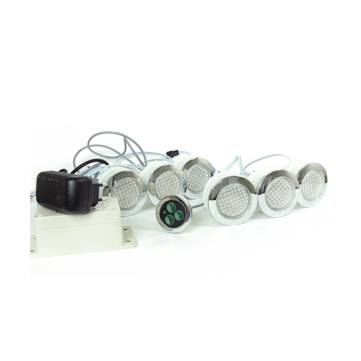 Foco empotrable RGB estanco IP68 + pulsador de control y transformador para hammam y baño