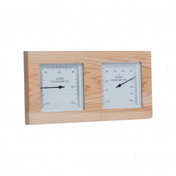 Termometro Igrometro in legno di pino per Sauna fondo bianco