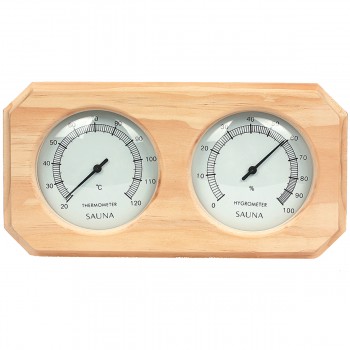 Thermometer-Hygrometer aus Kiefernholz für Sauna, weißer Hintergrund