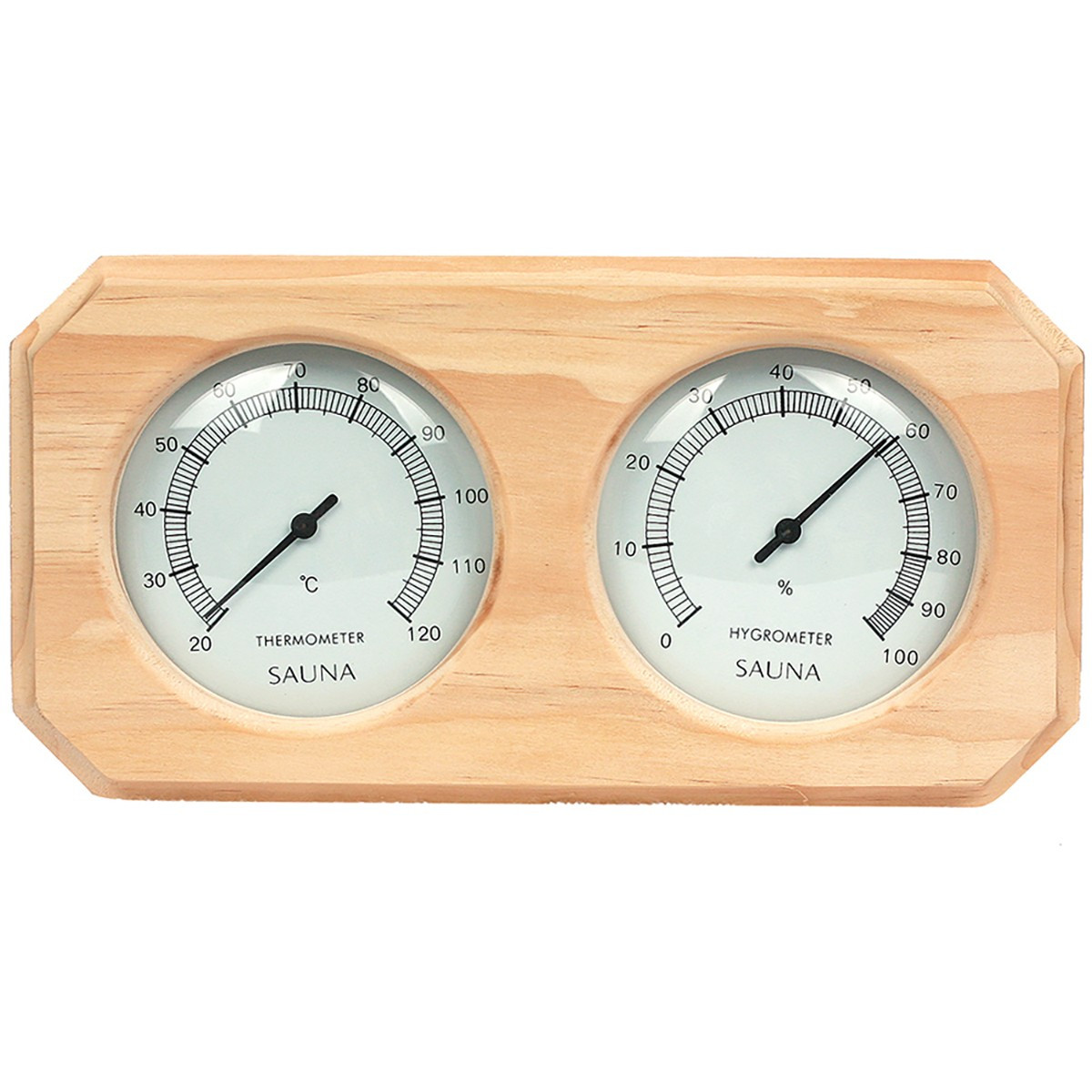 Thermometer-Hygrometer aus Kiefernholz für Sauna, weißer Hintergrund