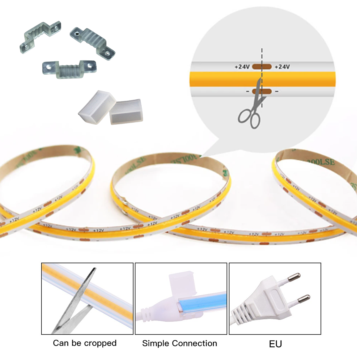 Striscia LED COB ip 33 bianco caldo da 5 metri con striscia adesiva e fissaggi forniti