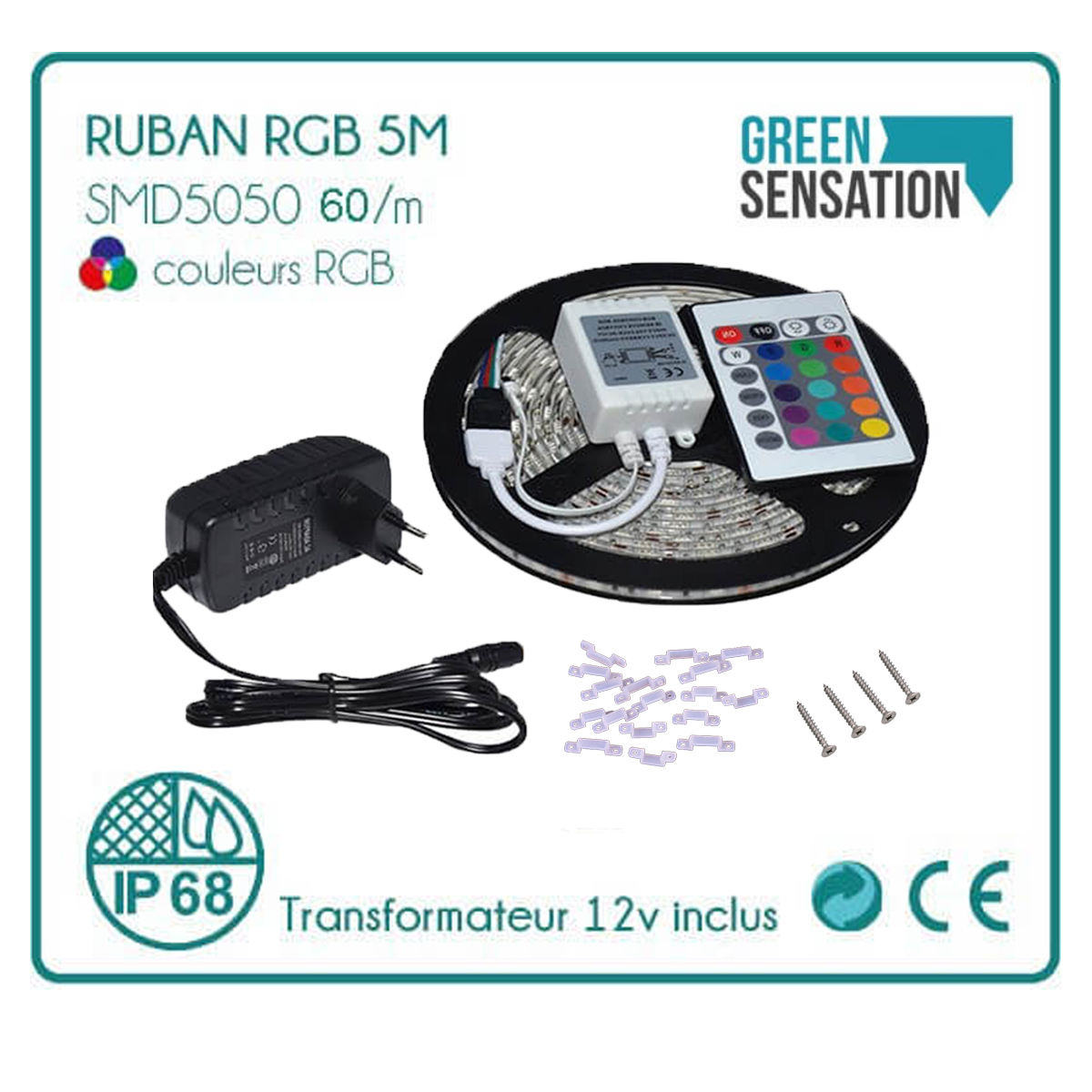 Ruban à LED RGB 5 mètres + télécommande + Transformateur 12v  IP68 
