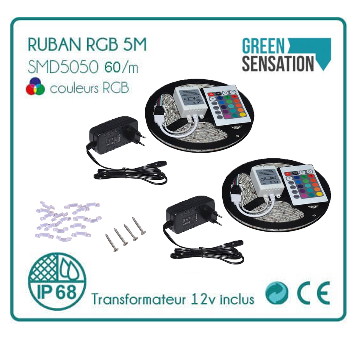 Lot de 2 kits rubans à LED RGB 5m télécommandés Transformateur IP68 