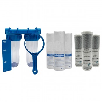 Pack de filtration d'eau double porte filtre plus 3 filtres anti sédiment 10 microns et 3 filtres à charbon 5 microns
