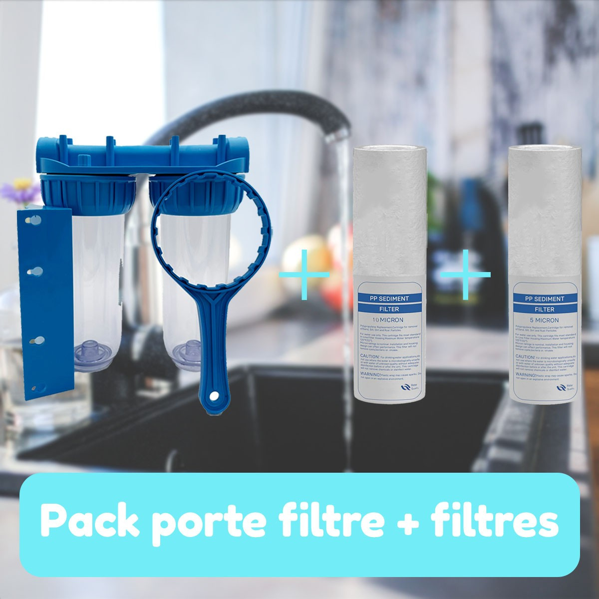 Pack de filtración de agua portafiltros más 2 filtros antisedimentos termosellados de 20 micras
