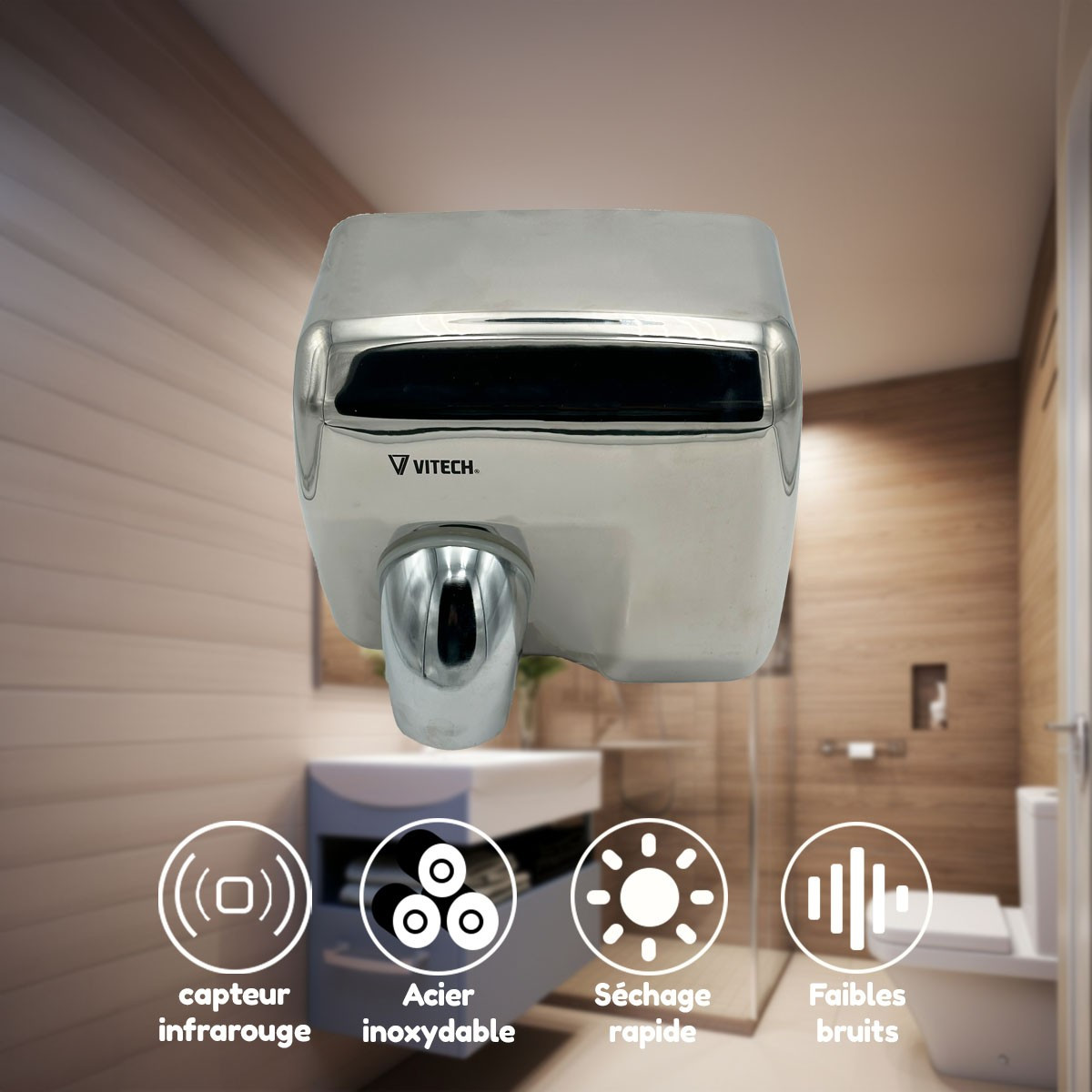 Secamanos Vitech profesional eléctrico automático acero inoxidable cromado con aire forzado 2300 W antivandalismo con cabezal re