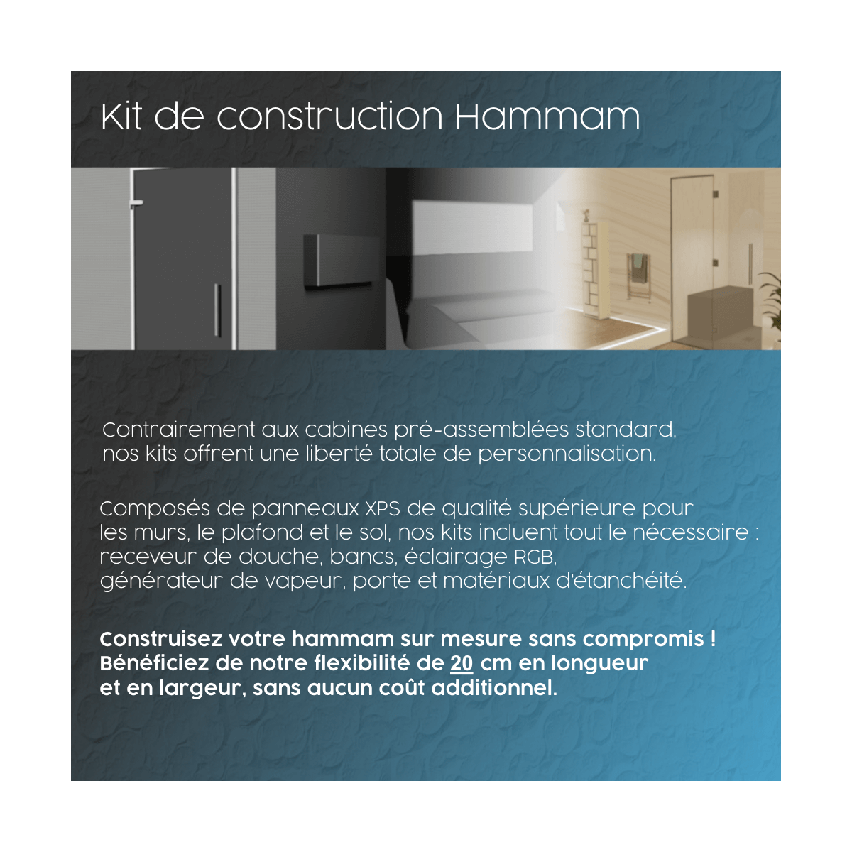 Hamam-Kabinenbausatz zum Kacheln 180 x 100 mit Dampfgenerator