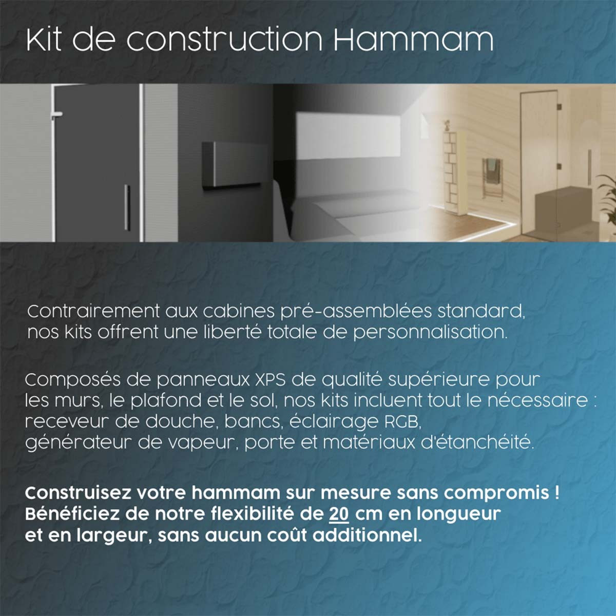 Hamam-Kabinenbausatz mit Glaswand zum Kacheln 200 x 120 mit Dampfgenerator