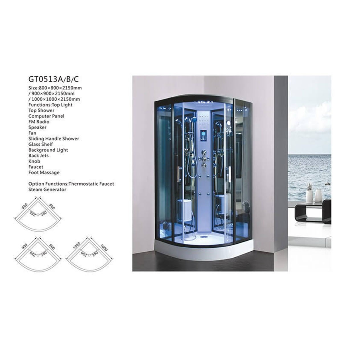 Hamam-Duschkabine 90 x 90 x 215 cm, volle Optionen