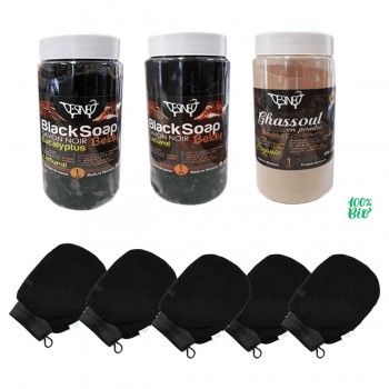 Pack Hammam Body-Pflege: 5 kessa Handschuhe + 1 kg schwarz Seife + 1kg mit Eukalyptus + 1kg ghassoul weiß lehm