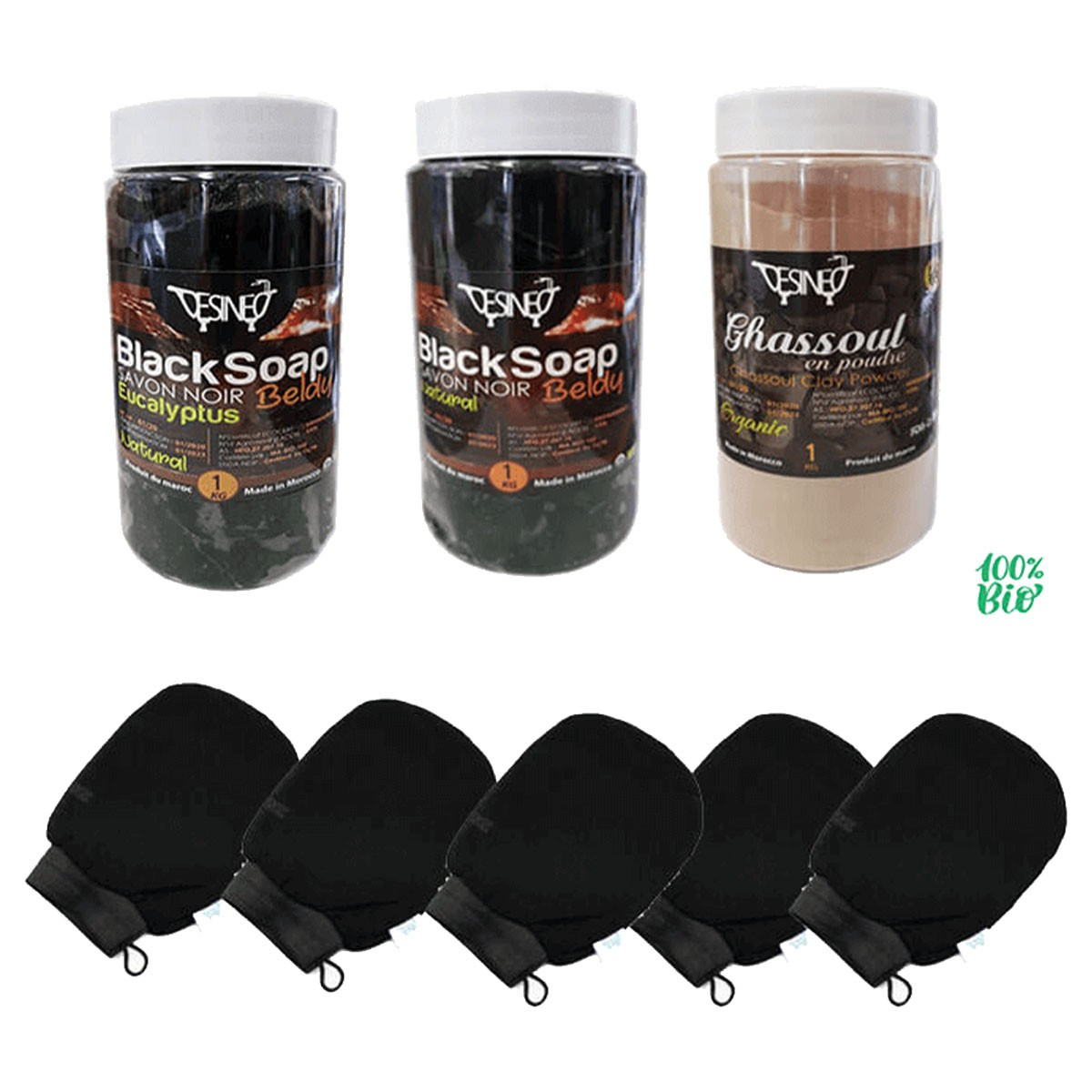 Pack Hammam : 5 gants kessa + 1 pot savon noir + 1 pot ghassoul en poudre