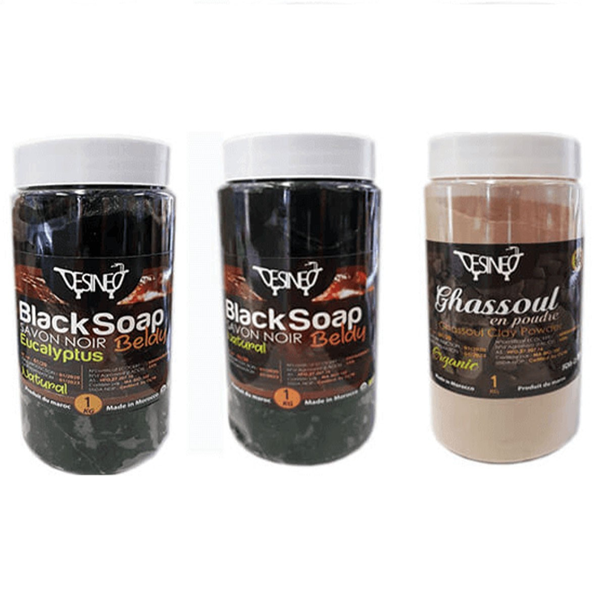 Hammam-Packung: 5 Kessa-Handschuhe + 1 Topf schwarze Seife + 1 Topf Ghassoul-Pulver