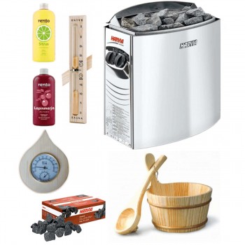 Kit complet sauna harvia 4.5 kw + aromathérapie seau louche thermometre hygrometre sablier en bois et pierres volcaniques 20kg