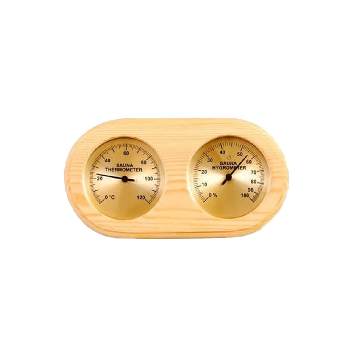 Thermometer, SAWO Hygrometer aus Kiefernholz für die Sauna mit goldenem Hintergrund